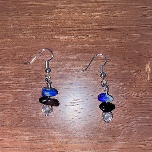 Handmade Earrings Black & Blue Gemstones w/ Flower